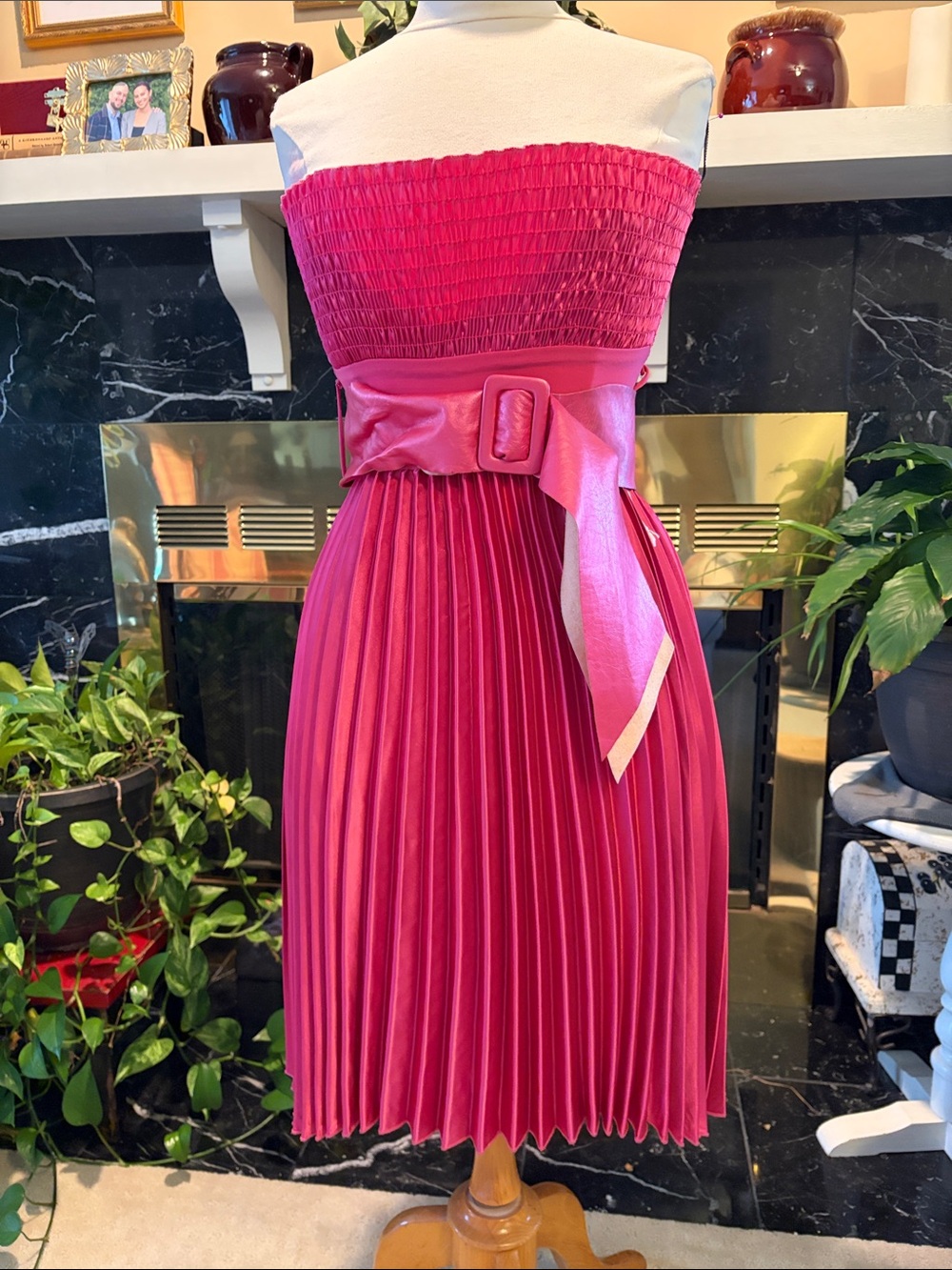 Strapless Pink Pleated Midi Dress with Sash